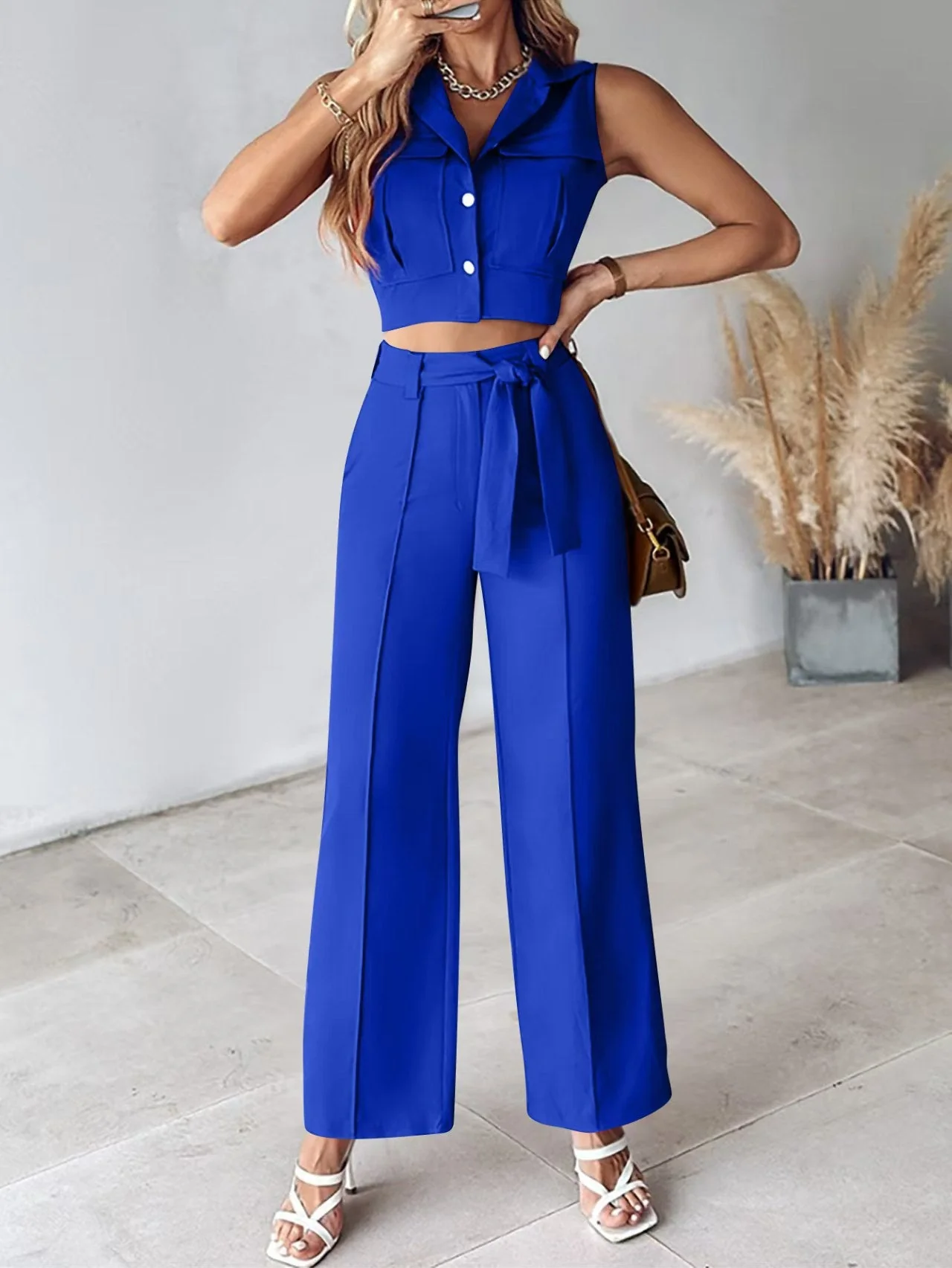 Ladies Suit Set – Sleeveless Crop Top – High Waist Wide Pants – Removable Belt - Image 6