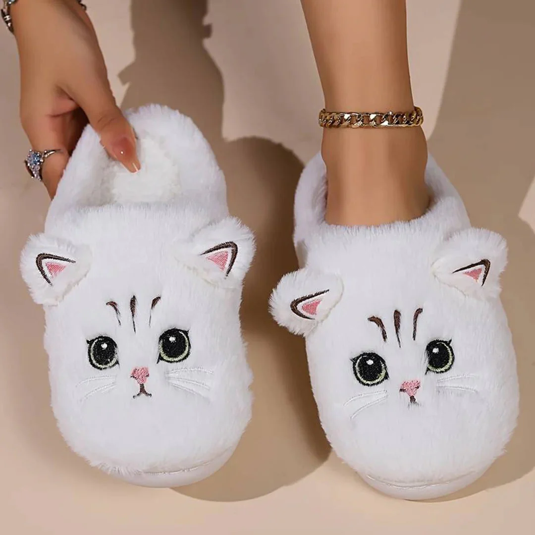 Women's Slippers – Plush Fleece – Ankle-High – Embroidered Cat Face – Indoor Comfort - Image 2