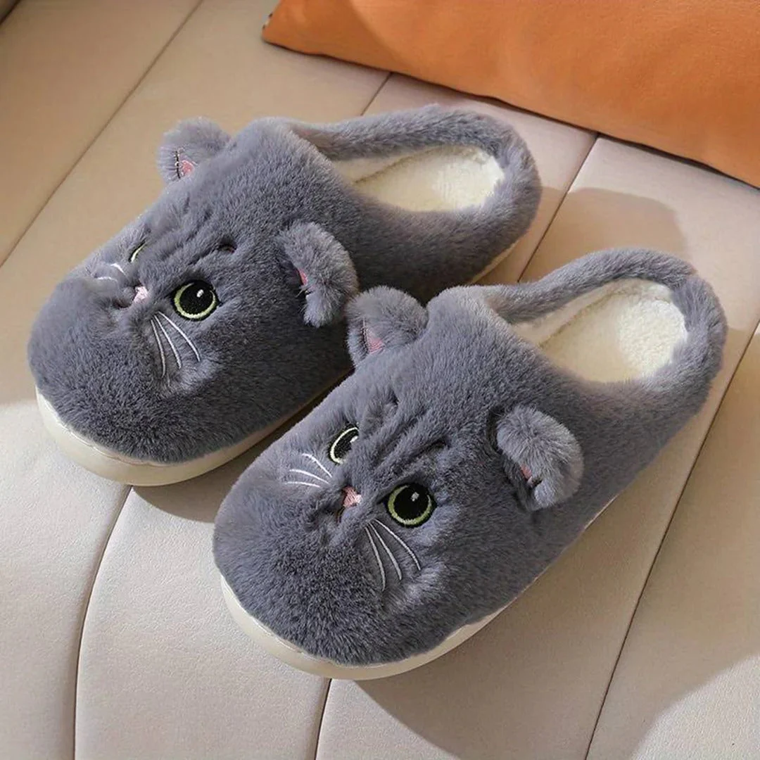 Women's Slippers – Plush Fleece – Ankle-High – Embroidered Cat Face – Indoor Comfort - Image 3
