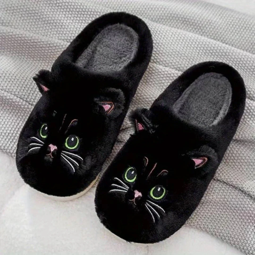Women's Slippers – Plush Fleece – Ankle-High – Embroidered Cat Face – Indoor Comfort - Image 4
