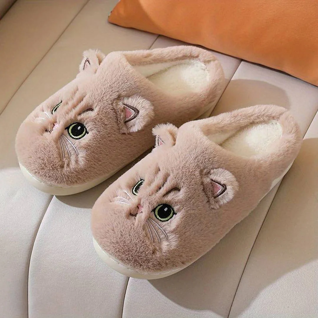 Women's Slippers – Plush Fleece – Ankle-High – Embroidered Cat Face – Indoor Comfort - Image 5