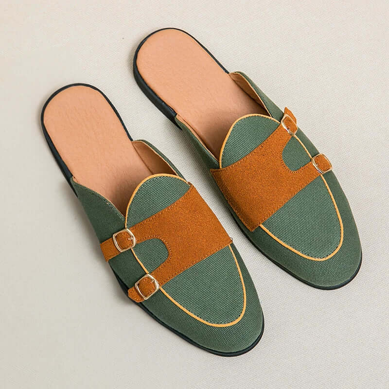 Ladies slippers – Plush fabric – Slip-on model – Open heel – Double buckle – Comfort fit