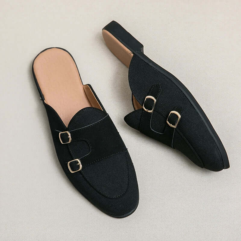 Ladies slippers – Plush fabric – Slip-on model – Open heel – Double buckle – Comfort fit - Image 2