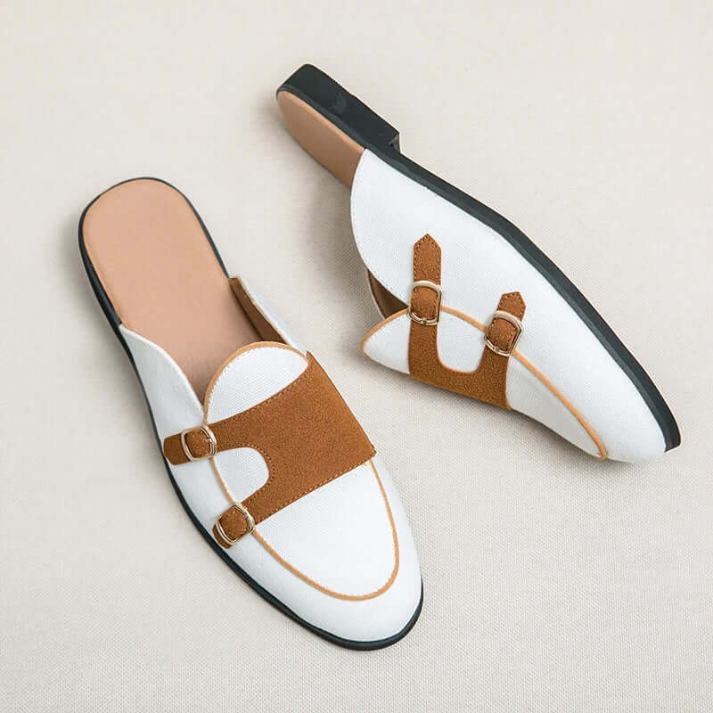 Ladies slippers – Plush fabric – Slip-on model – Open heel – Double buckle – Comfort fit - Image 3