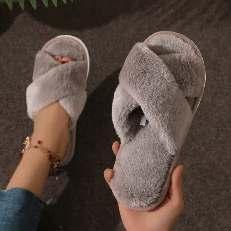 Ladies Slippers – Soft Plush – Open Toe – Cross Strap – Comfortable Fit - Image 3