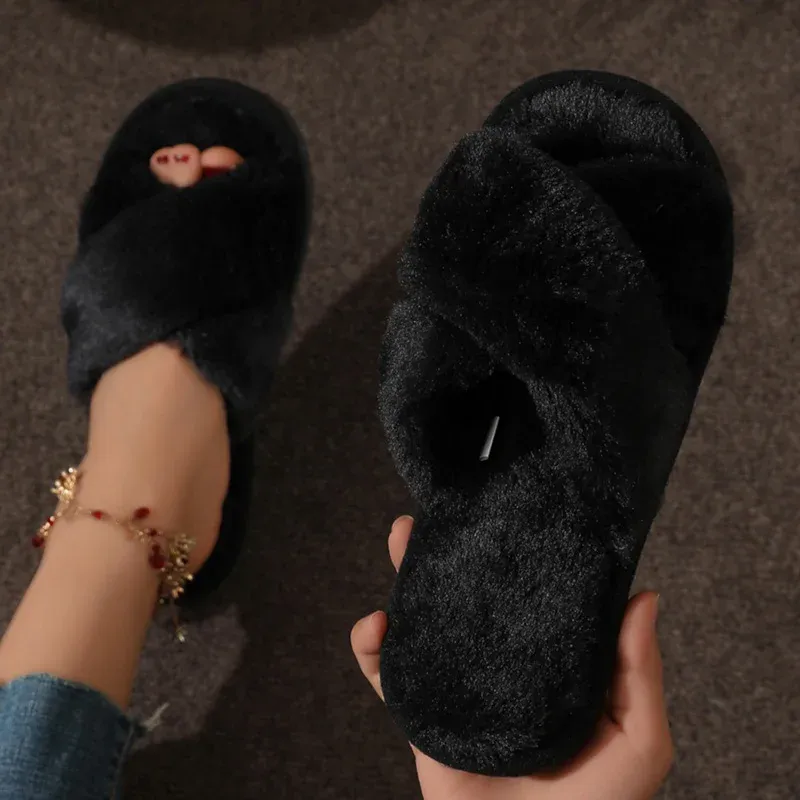 Ladies Slippers – Soft Plush – Open Toe – Cross Strap – Comfortable Fit - Image 4