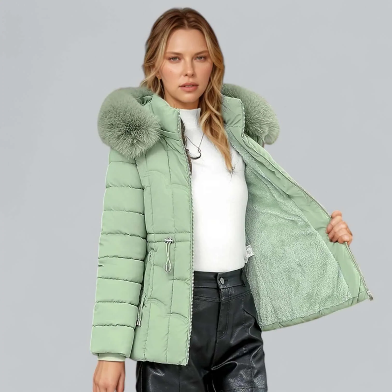 Women's Parka Coat – Tailored Fit – Padded – Faux Fur Hood – Mid-Length - Image 5