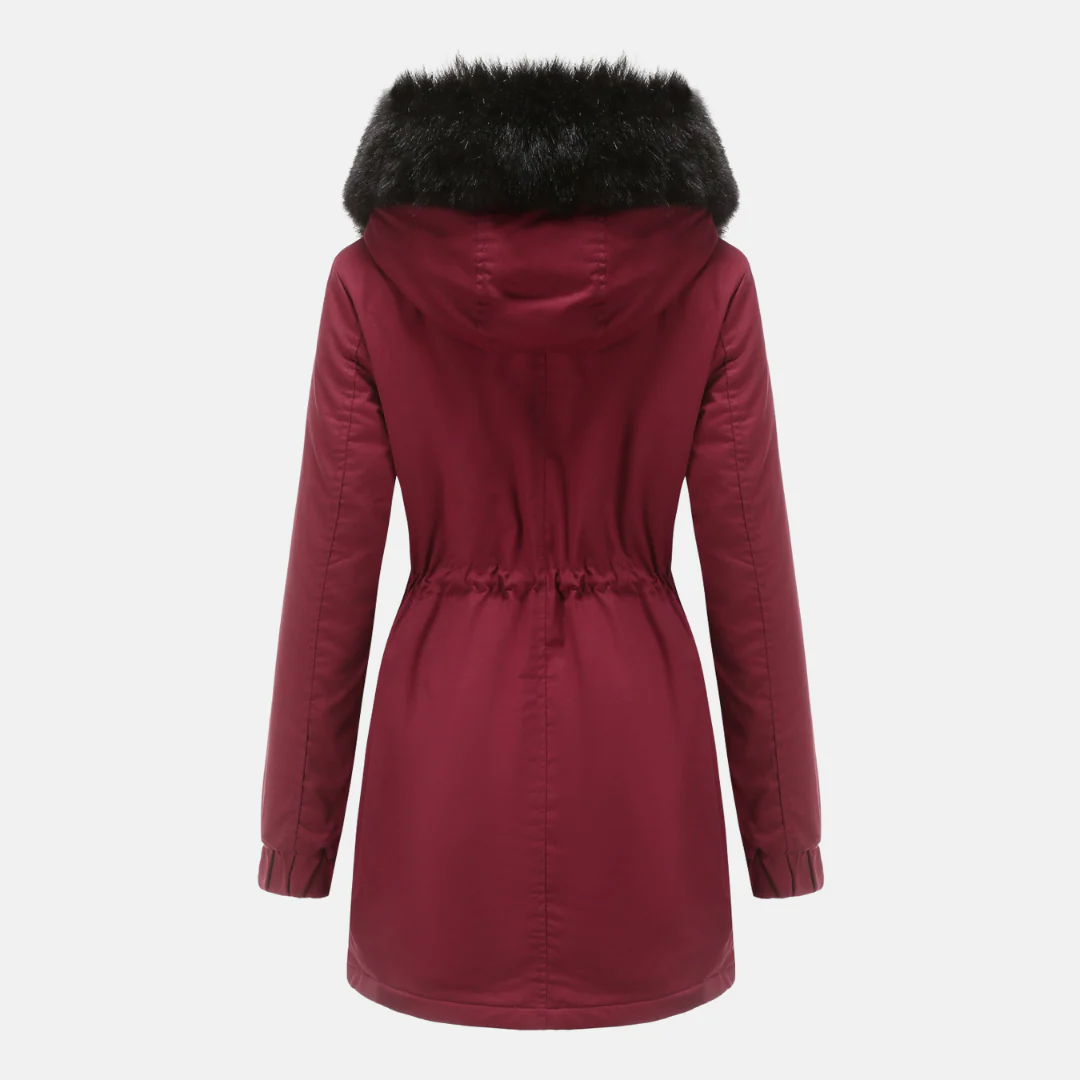 Women's Parka Coat – Long Model – Adjustable Waist Drawcord – Hood with Faux Fur - Image 2