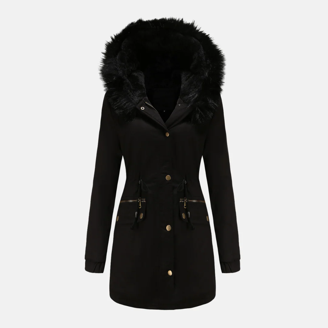 Women's Parka Coat – Long Model – Adjustable Waist Drawcord – Hood with Faux Fur - Image 3