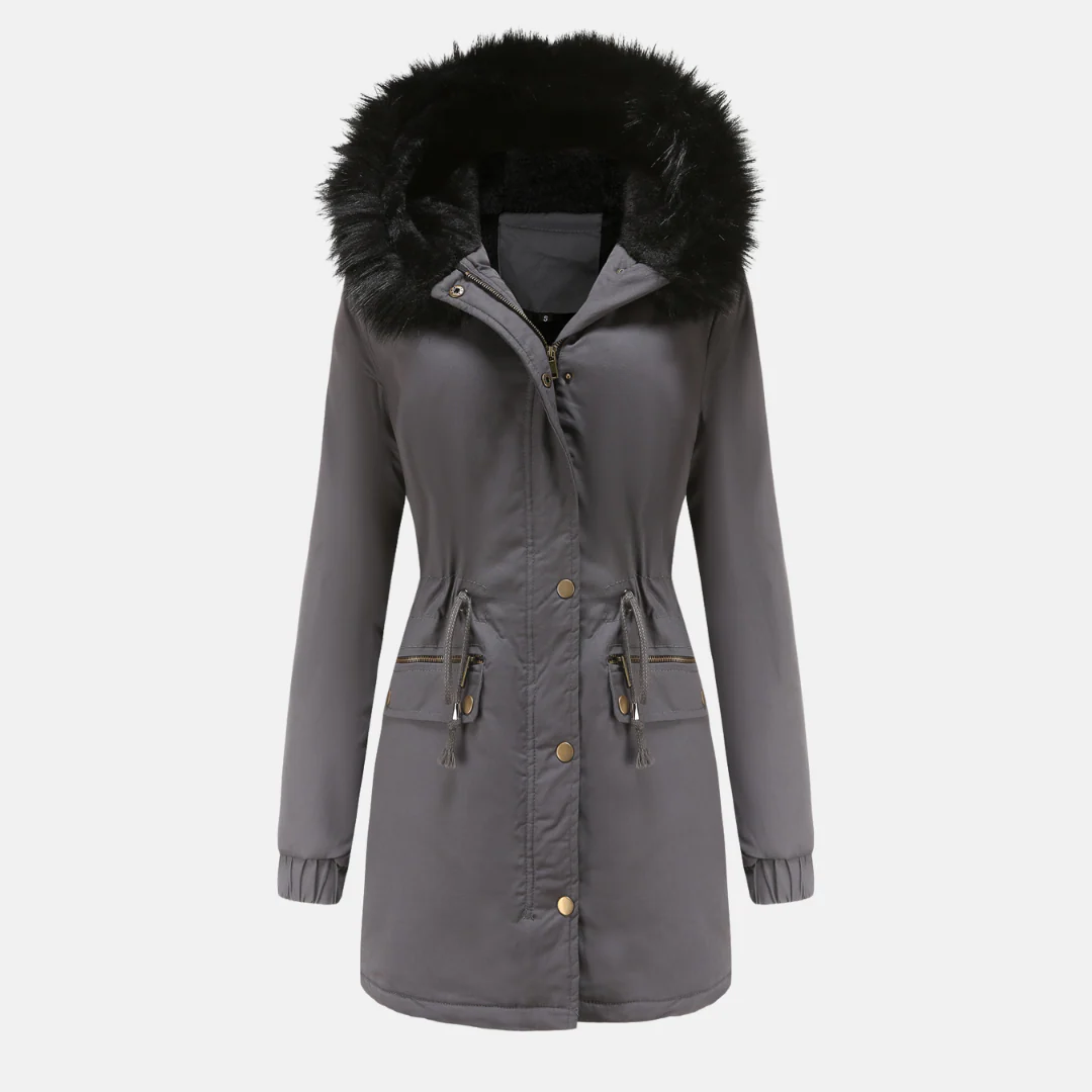 Women's Parka Coat – Long Model – Adjustable Waist Drawcord – Hood with Faux Fur - Image 4