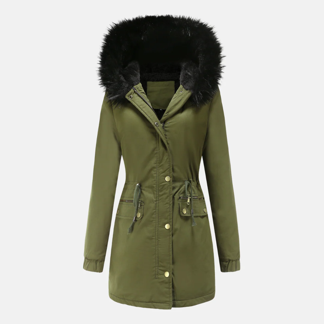 Women's Parka Coat – Long Model – Adjustable Waist Drawcord – Hood with Faux Fur - Image 5