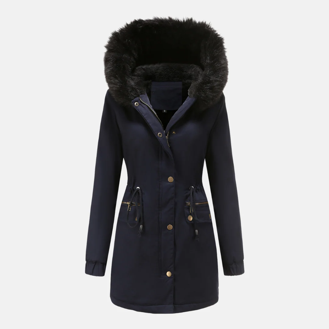 Women's Parka Coat – Long Model – Adjustable Waist Drawcord – Hood with Faux Fur - Image 6