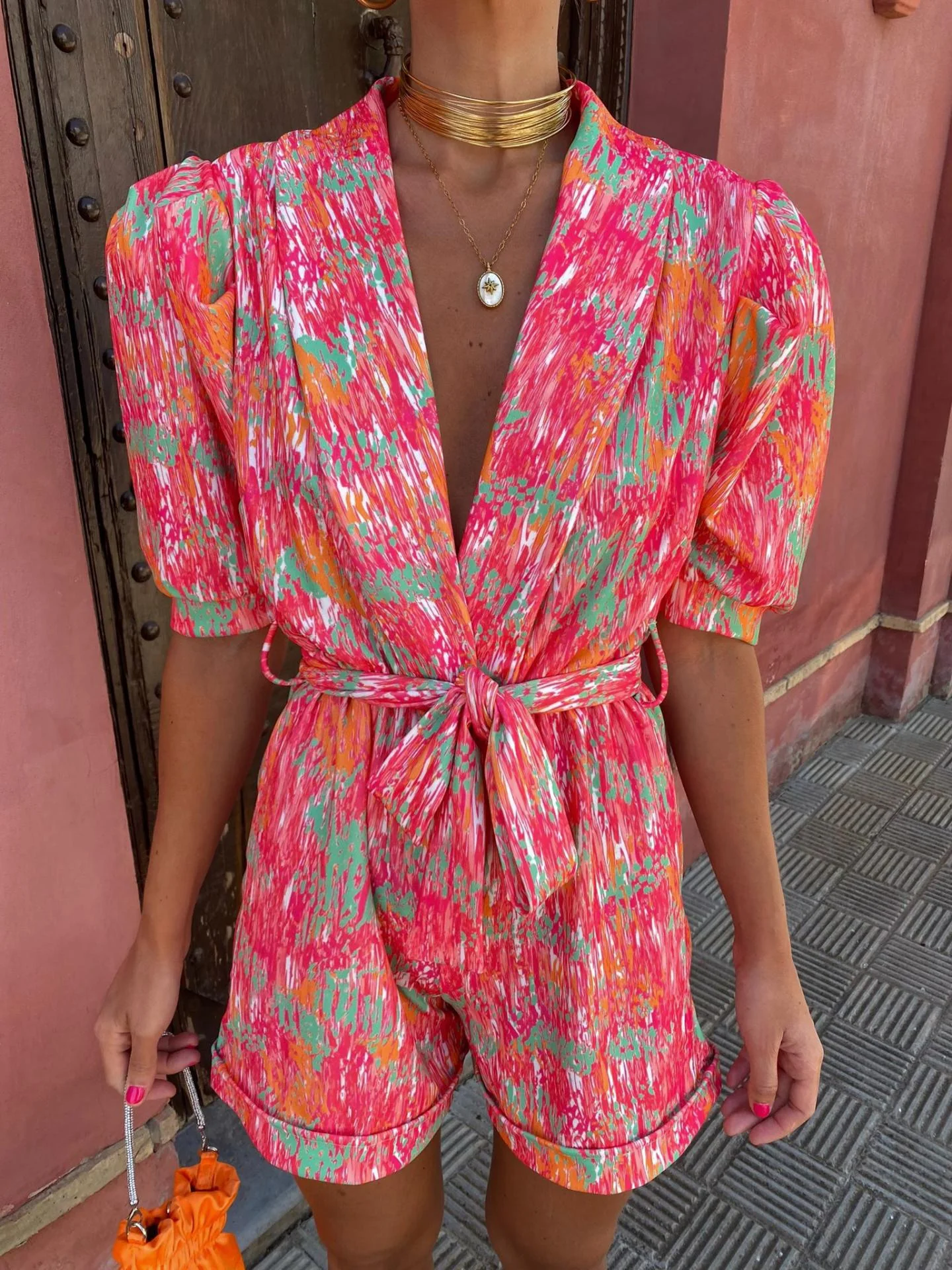 Women's Playsuit – Relaxed Fit – Deep V-Neck – Puff Sleeves – Abstract Print – Pockets - Image 2