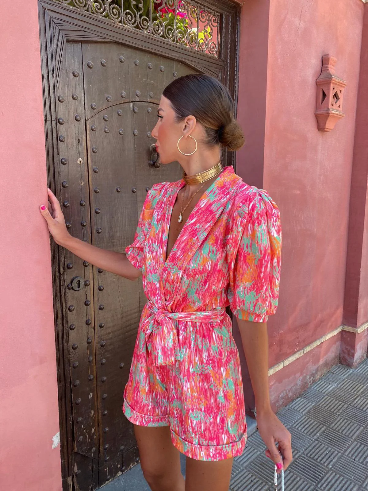 Women's Playsuit – Relaxed Fit – Deep V-Neck – Puff Sleeves – Abstract Print – Pockets - Image 4
