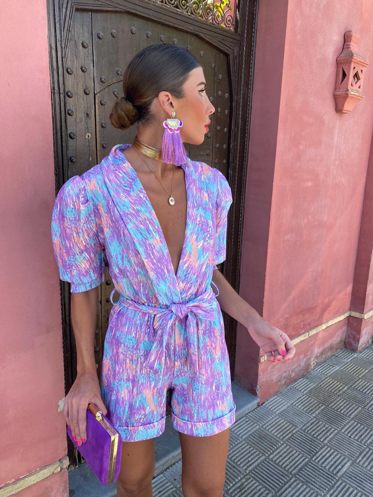 Women's Playsuit – Relaxed Fit – Deep V-Neck – Puff Sleeves – Abstract Print – Pockets - Image 5