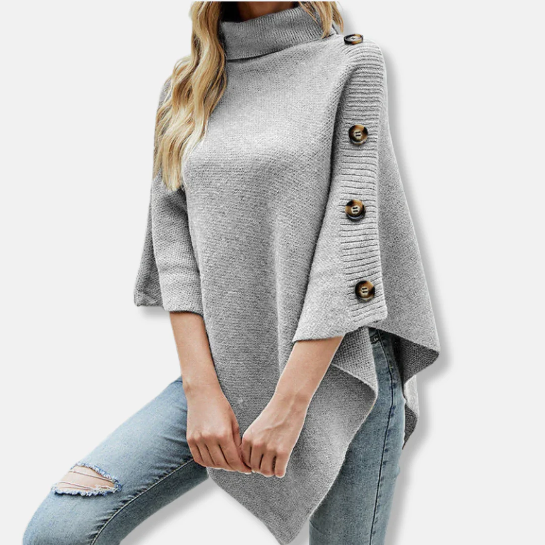 Women's Poncho – Knitted Wool – Oversized Fit – High Collar – Asymmetrical Hem - Image 2