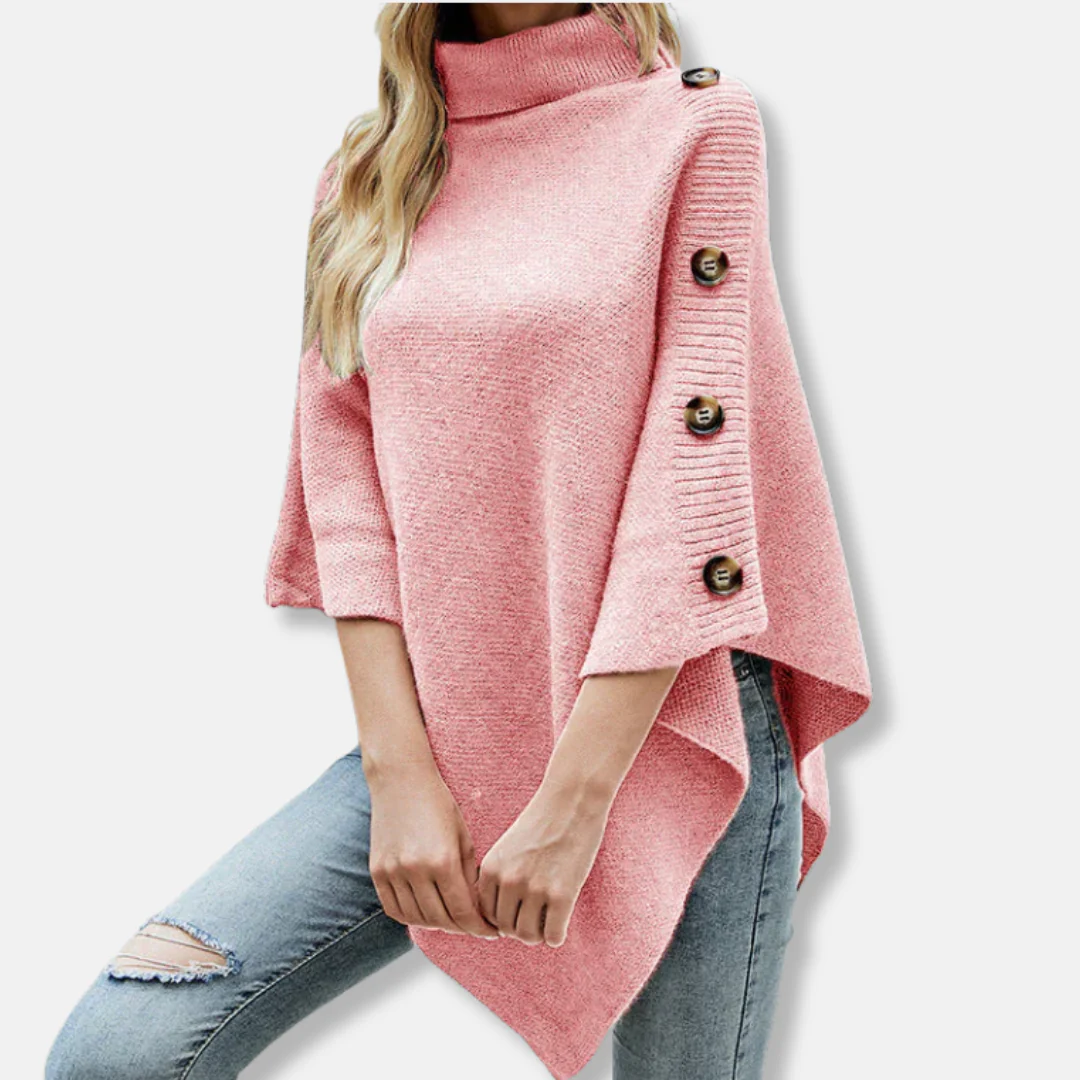 Women's Poncho – Knitted Wool – Oversized Fit – High Collar – Asymmetrical Hem - Image 3