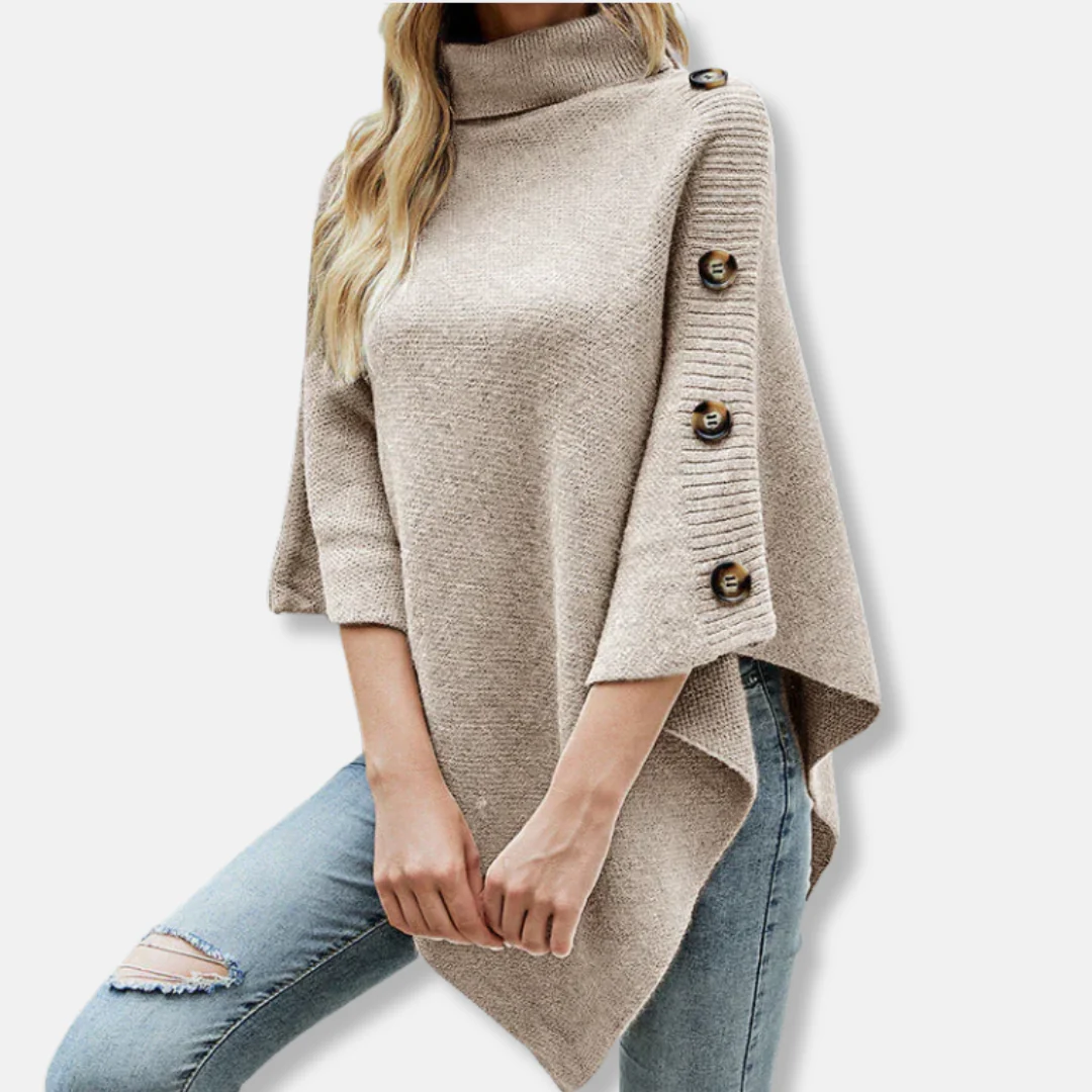 Women's Poncho – Knitted Wool – Oversized Fit – High Collar – Asymmetrical Hem - Image 4