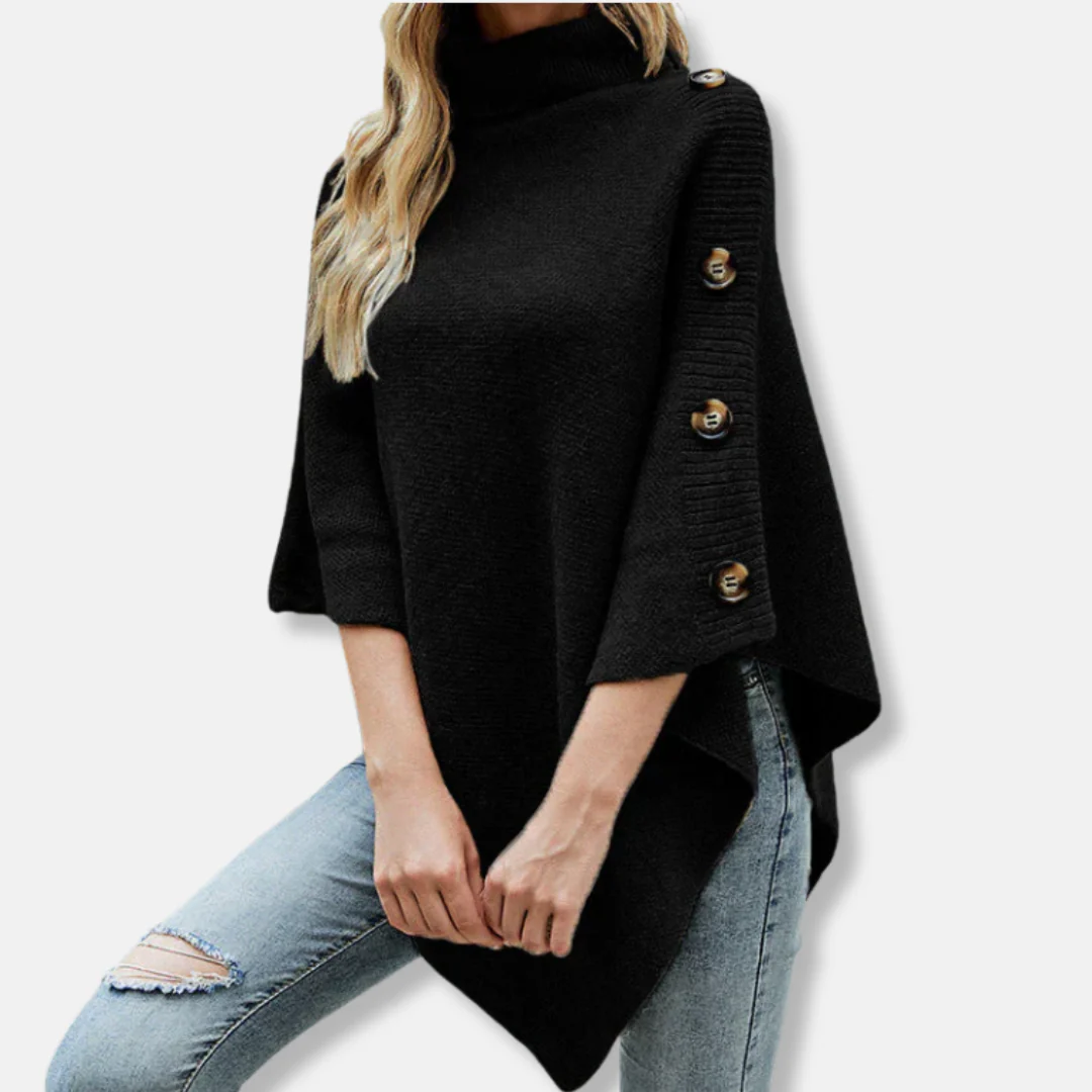 Women's Poncho – Knitted Wool – Oversized Fit – High Collar – Asymmetrical Hem - Image 5