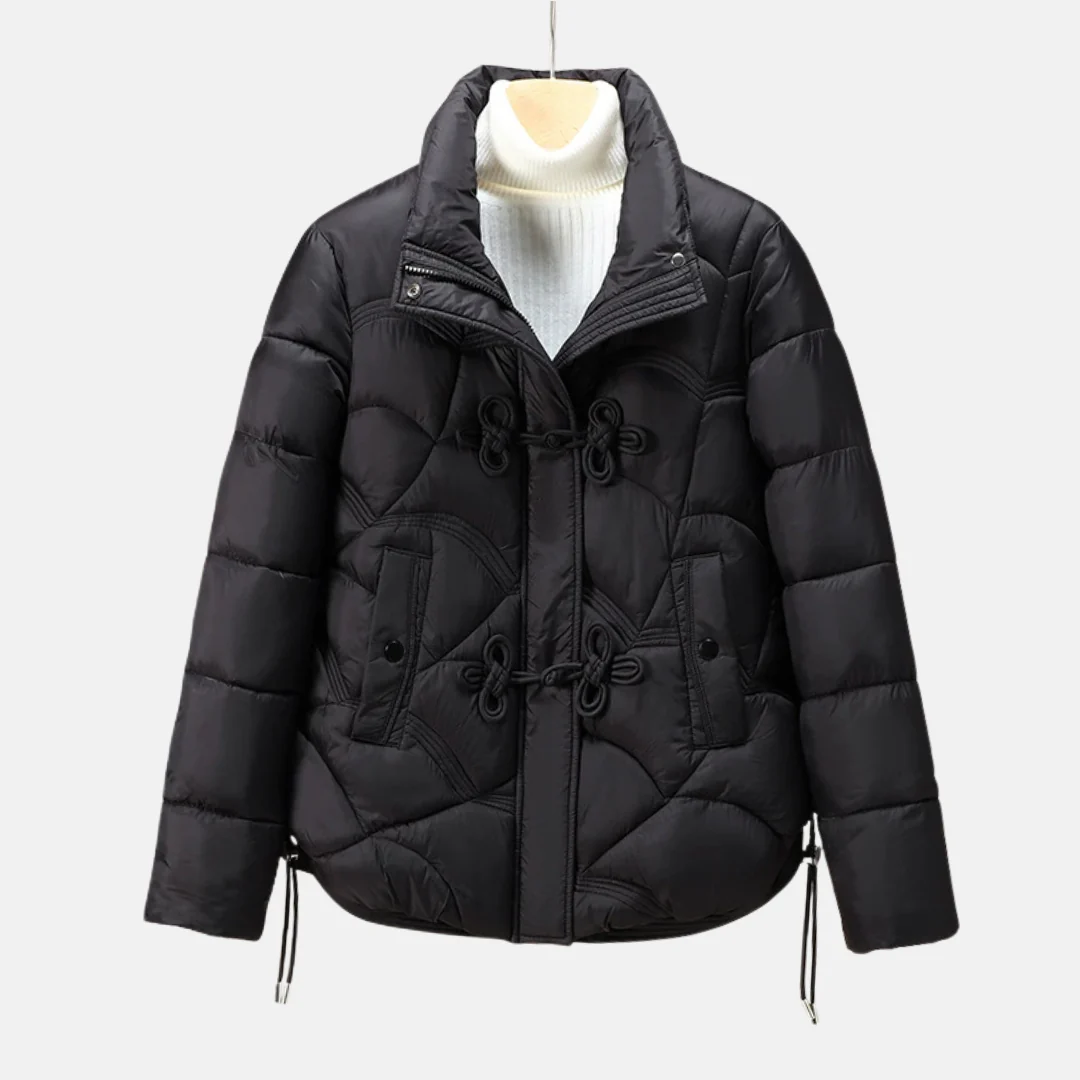 Women's Puffer Jacket – Short Model – Geometrically Quilted – Frog Buttons – Adjustable Hem - Image 2