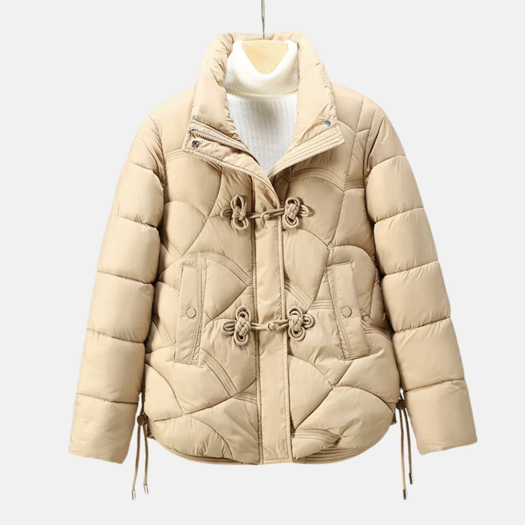 Women's Puffer Jacket – Short Model – Geometrically Quilted – Frog Buttons – Adjustable Hem - Image 3