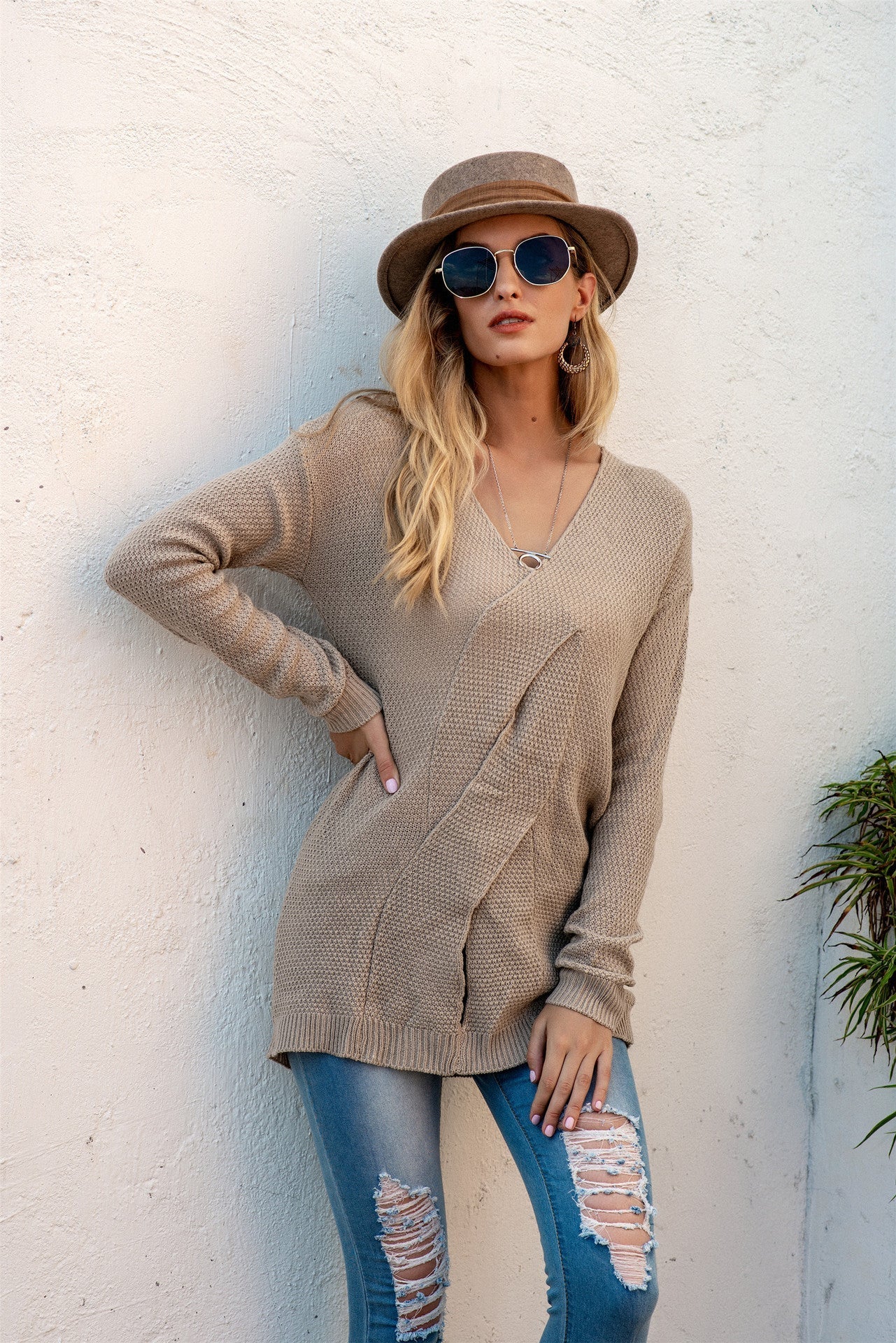 Women's Pullover – Oversized Fit – Knitted Texture – Off-Shoulder – Draped Front - Image 3