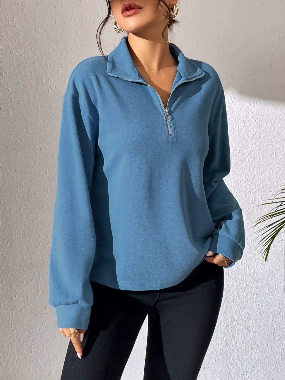 Ladies Pullover Top – Relaxed Fit – Half Zip – Cotton Blend – Long Sleeves Casual - Image 2