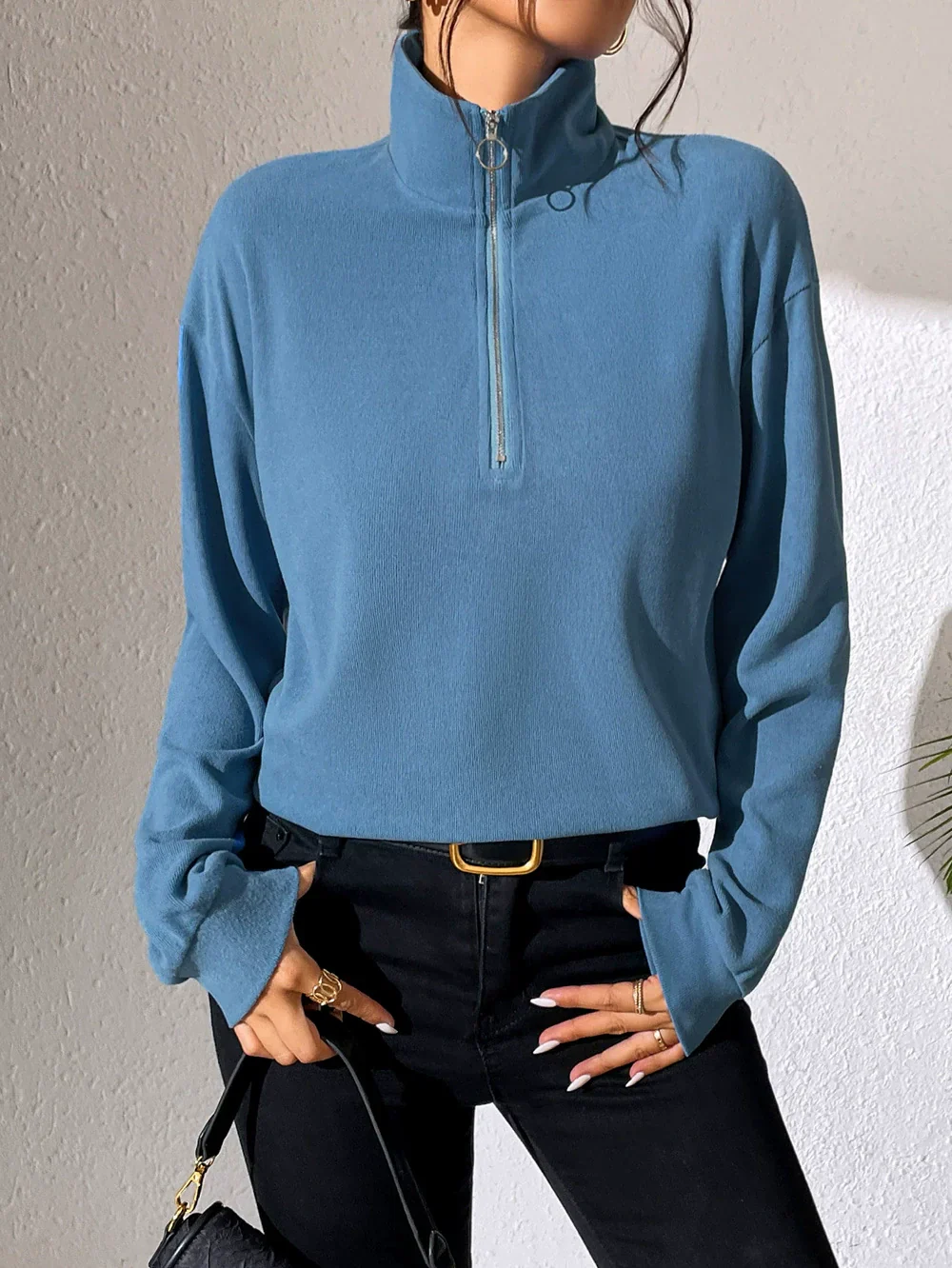 Ladies Pullover Top – Relaxed Fit – Half Zip – Cotton Blend – Long Sleeves Casual - Image 4