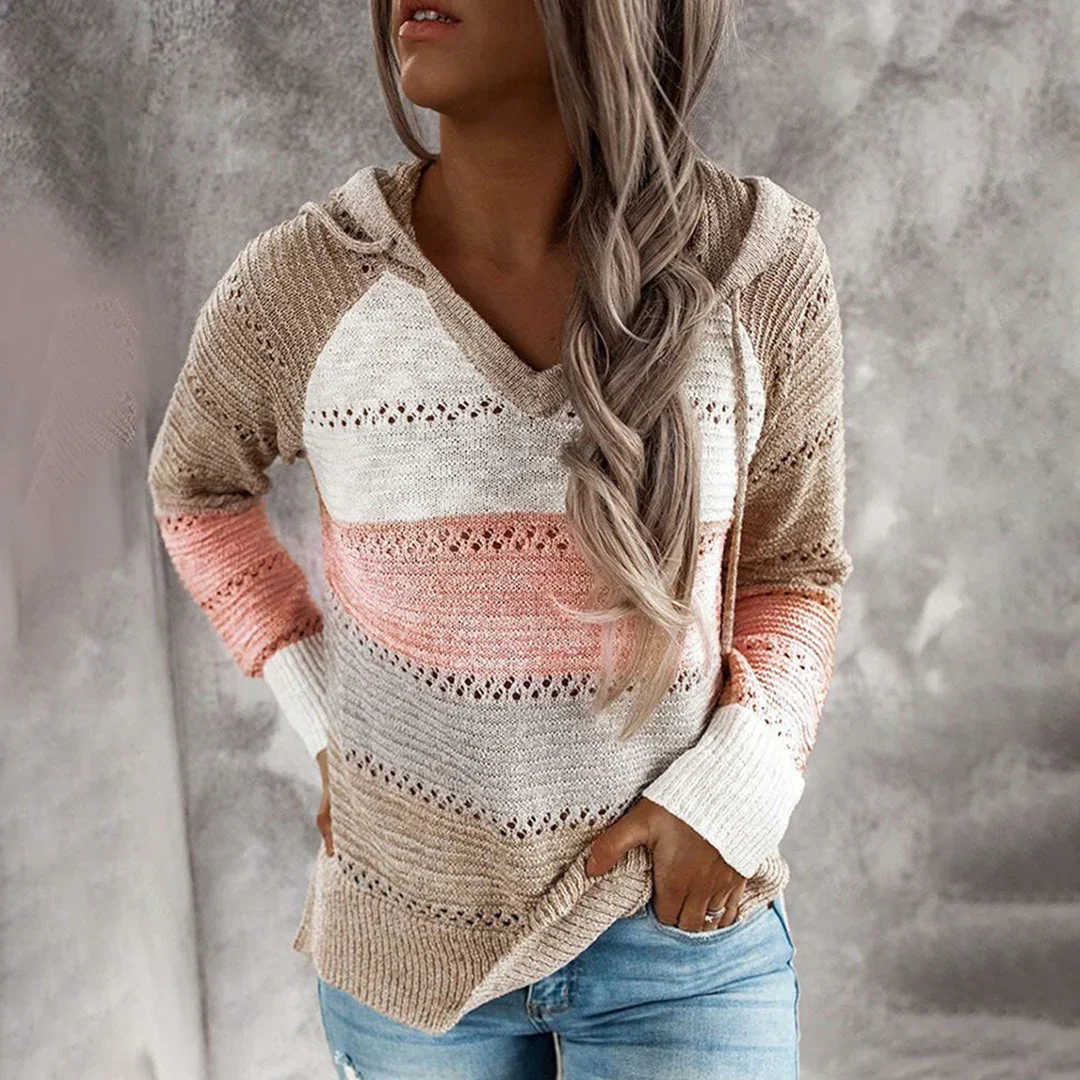 Women's Pullover Top – Relaxed Fit – Cotton Knit – V-neck – Stripes and Hood - Image 2