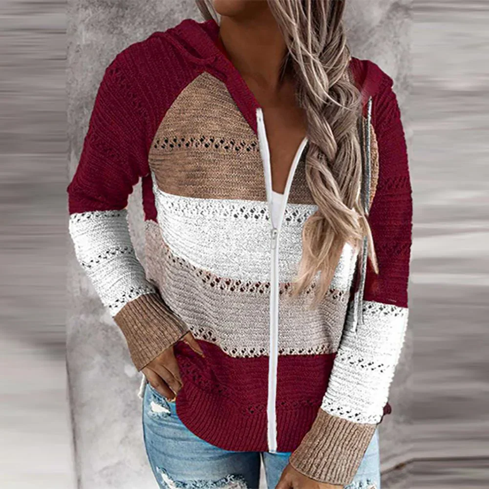 Women's Pullover Top – Relaxed Fit – Cotton Knit – V-neck – Stripes and Hood - Image 3