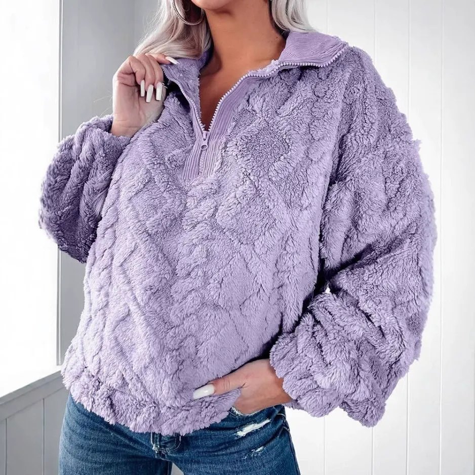 Women's Pullover Sweater – Faux Fur – Relaxed Fit – Padded Texture – Half Zip - Image 3