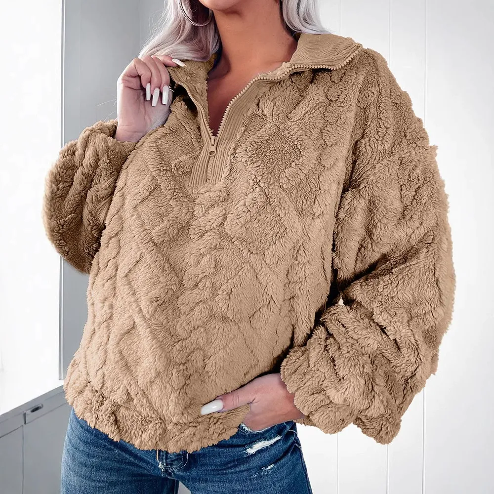 Women's Pullover Sweater – Faux Fur – Relaxed Fit – Padded Texture – Half Zip - Image 4
