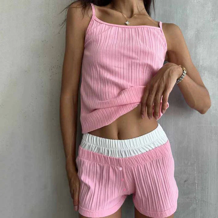 Ladies Pajama Set – Soft Ribbed – Cropped Vest with Bow – Flowy Shorts – Lounge Fit - Image 3