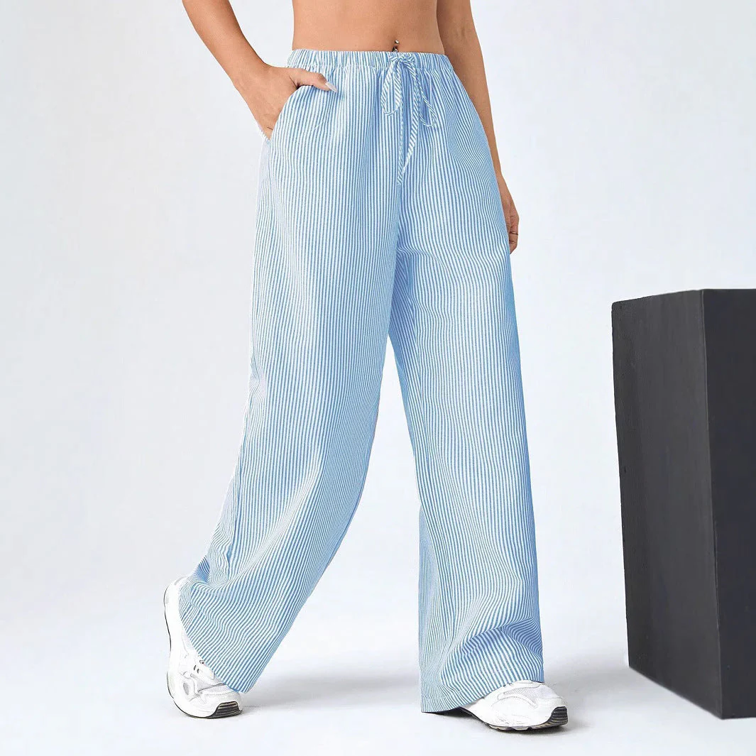 Ladies straight pants – Breathable material – Drawstring waist – Full length – Striped - Image 2