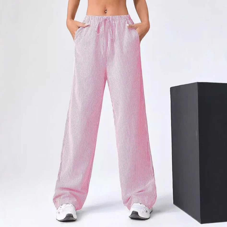 Ladies straight pants – Breathable material – Drawstring waist – Full length – Striped - Image 3
