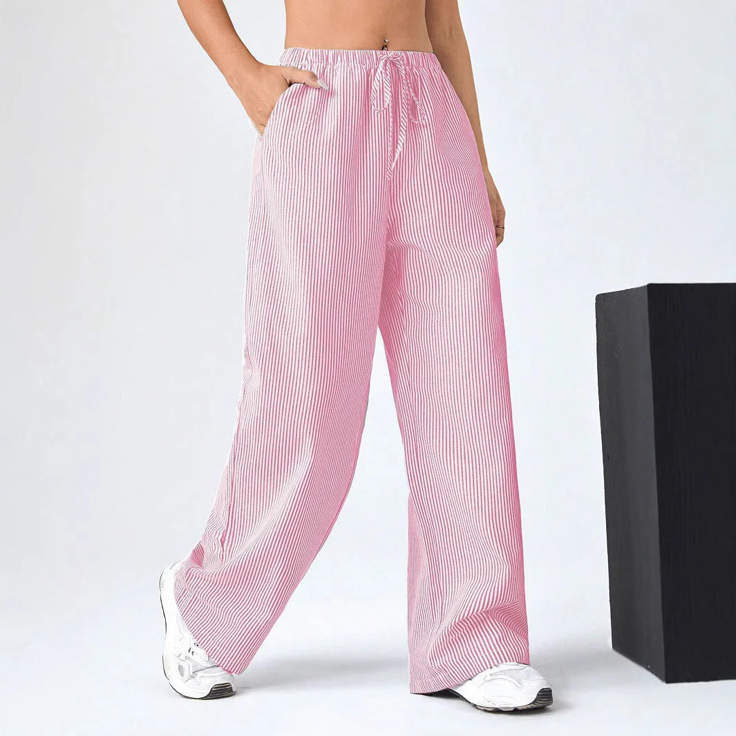 Ladies straight pants – Breathable material – Drawstring waist – Full length – Striped - Image 4