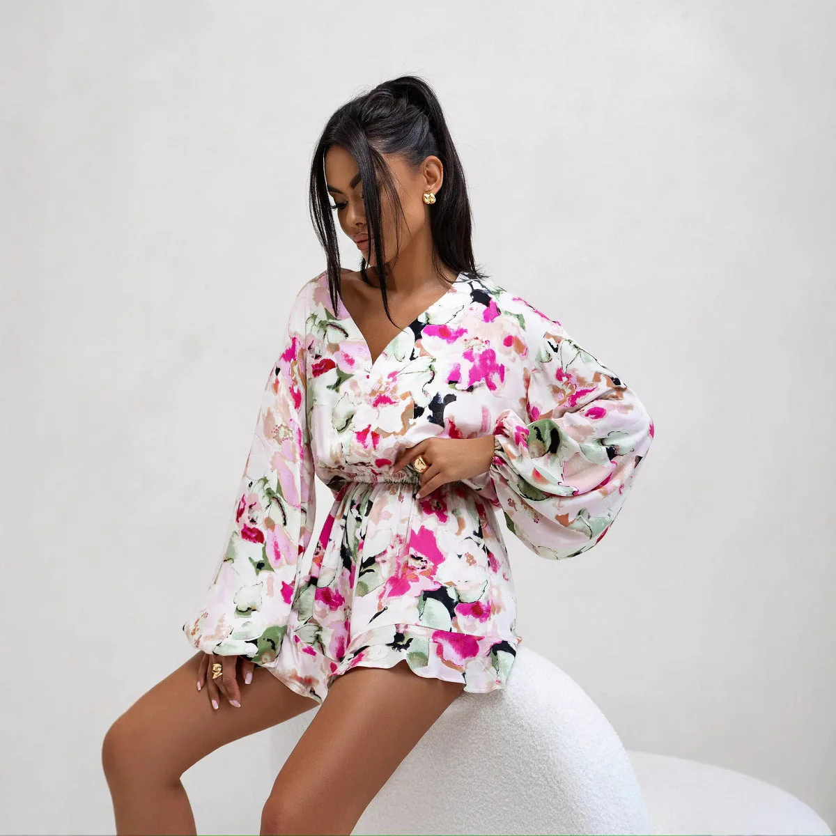 Women's Romper – V-Neck – Loose Fit – Long Sleeves – Abstract Print – Waistband - Image 2