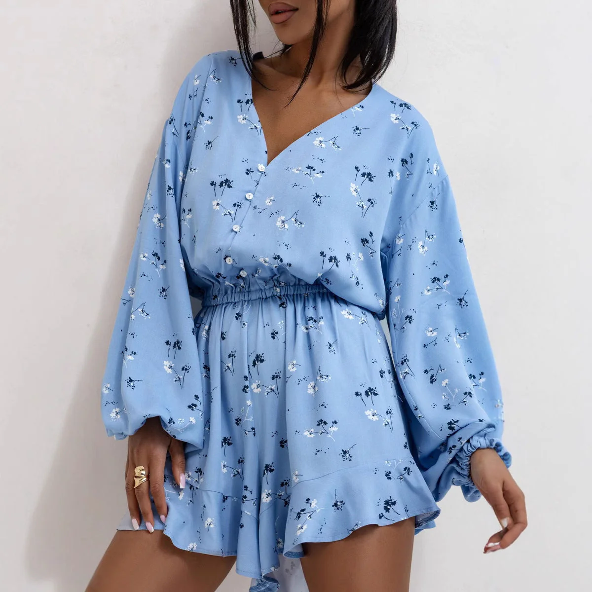 Women's Romper – V-Neck – Loose Fit – Long Sleeves – Abstract Print – Waistband - Image 3