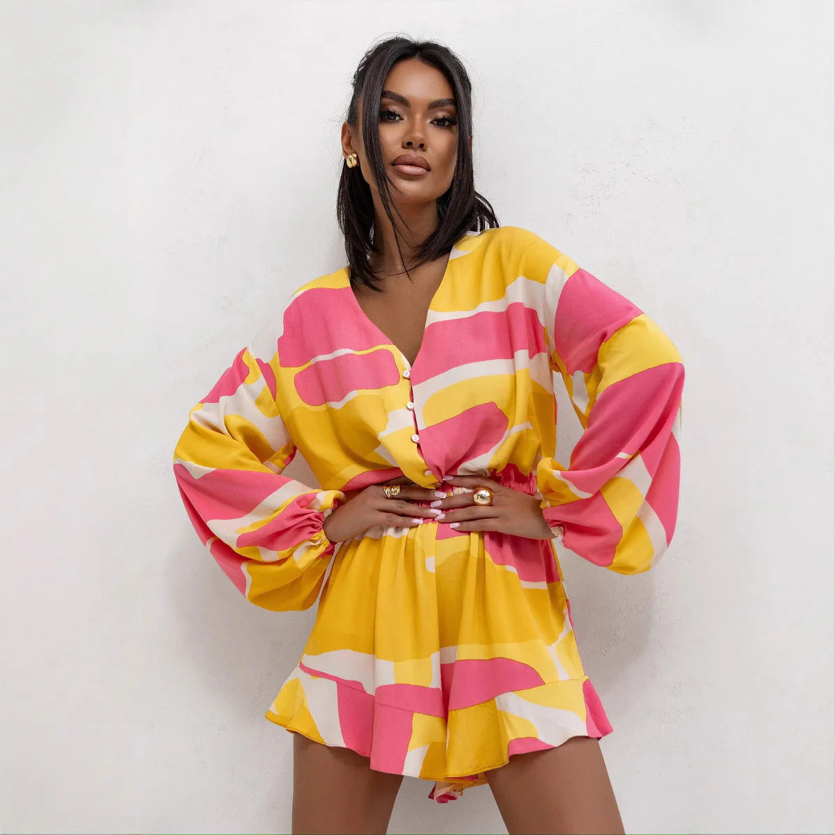 Women's Romper – V-Neck – Loose Fit – Long Sleeves – Abstract Print – Waistband - Image 4