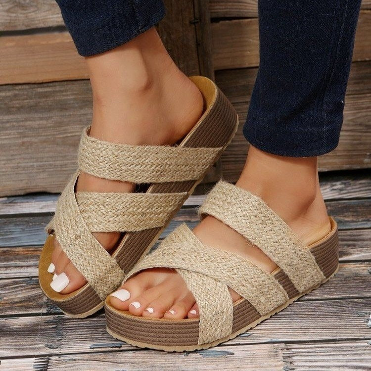 Ladies Sandals – Open Toe – Woven Cross Strap – Slip-on – Comfort Platform Sole - Image 4