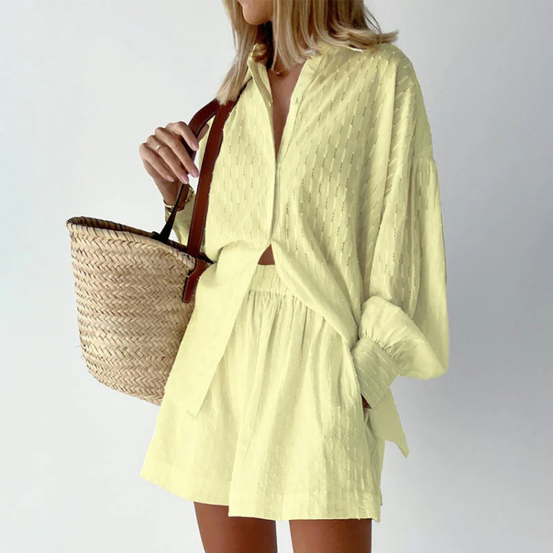 Ladies Set Blouse and Shorts – Jacquard Look – Relaxed Fit – Puff Sleeve – Elastic Waist - Image 2