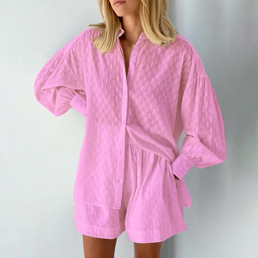 Ladies Set Blouse and Shorts – Jacquard Look – Relaxed Fit – Puff Sleeve – Elastic Waist - Image 3