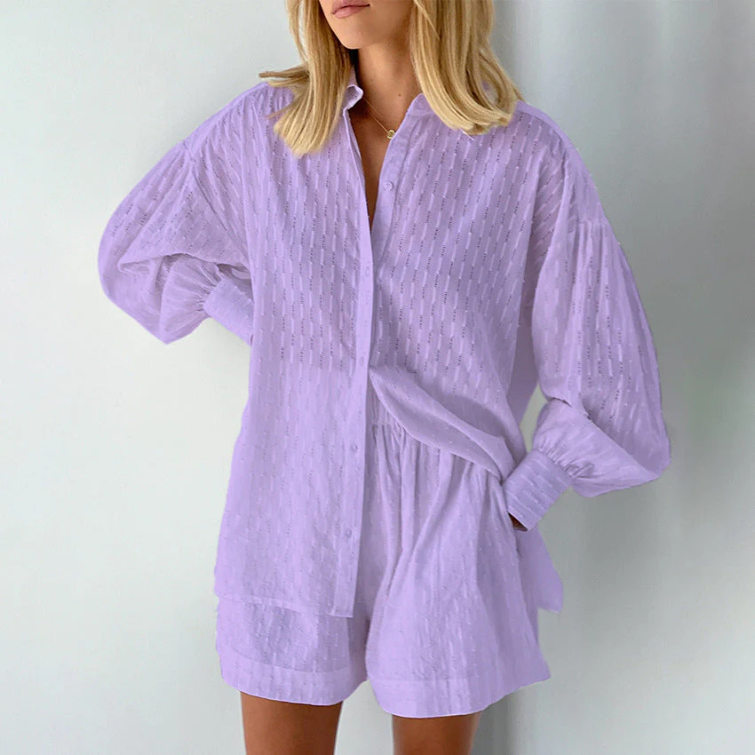 Ladies Set Blouse and Shorts – Jacquard Look – Relaxed Fit – Puff Sleeve – Elastic Waist - Image 4