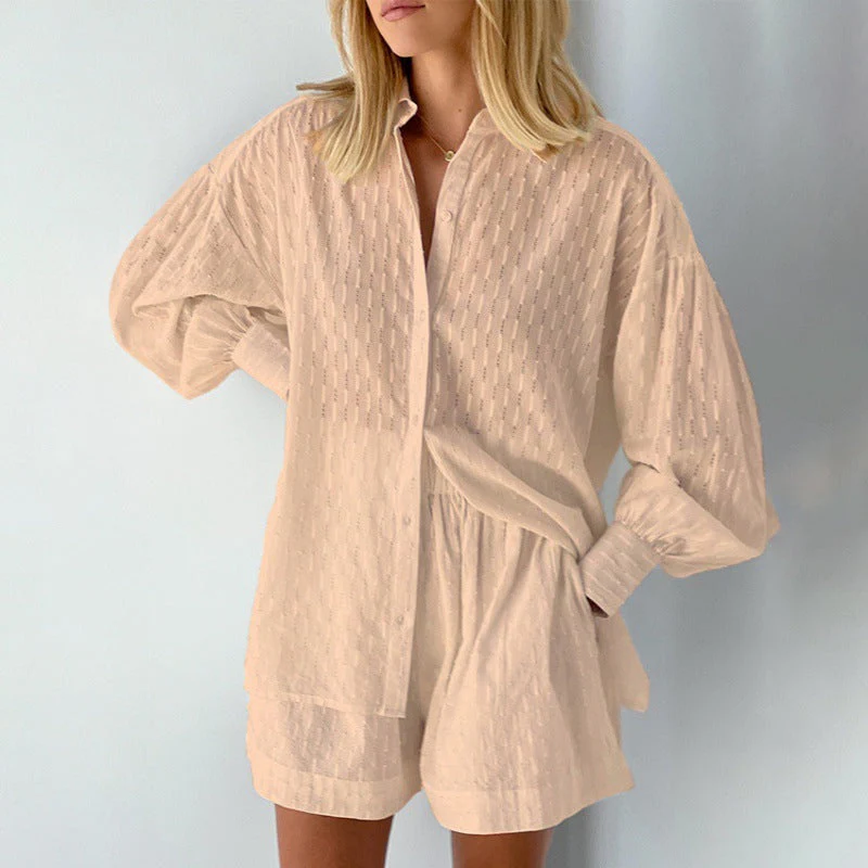Ladies Set Blouse and Shorts – Jacquard Look – Relaxed Fit – Puff Sleeve – Elastic Waist - Image 6