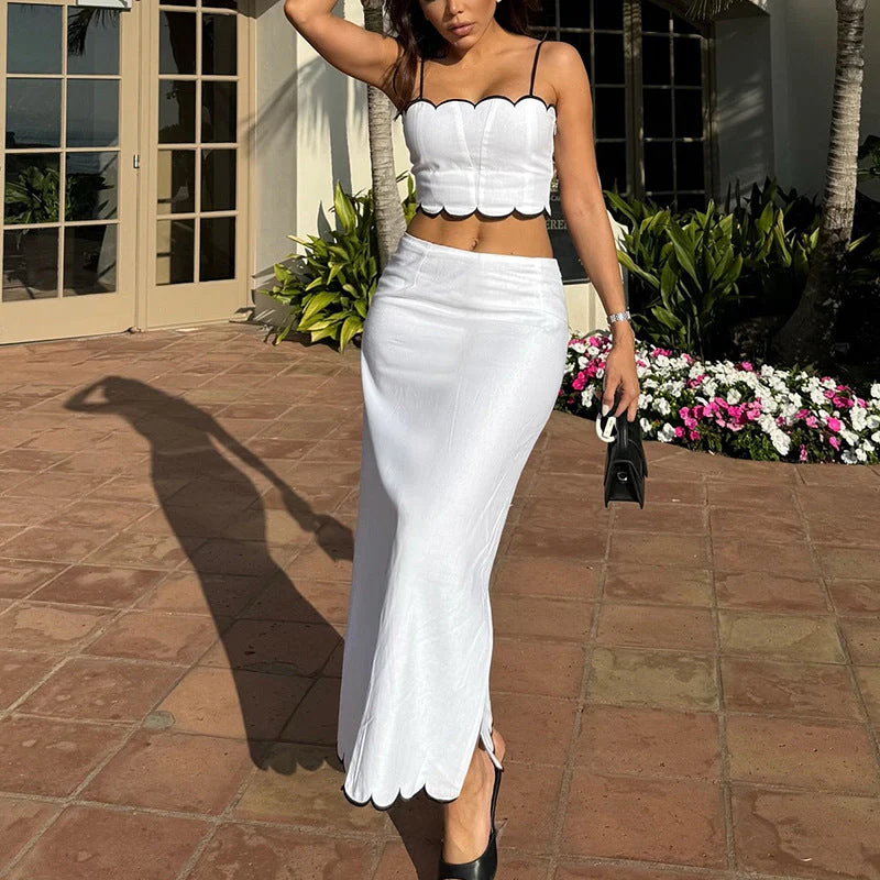 Ladies Set – Crop Top Slim Fit With Spaghetti Straps – Midi Skirt Slightly Flared – Breathable Fabric Ensemble - Image 3