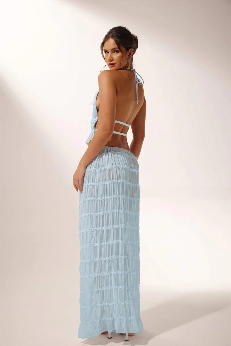Ladies Set – Halter Crop Top Backless – Pleated – Airy Flared Maxi Skirt - Image 2
