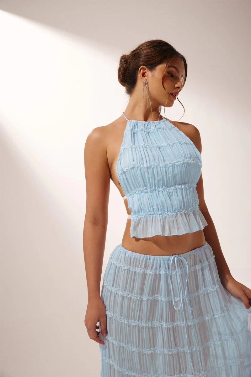 Ladies Set – Halter Crop Top Backless – Pleated – Airy Flared Maxi Skirt - Image 3