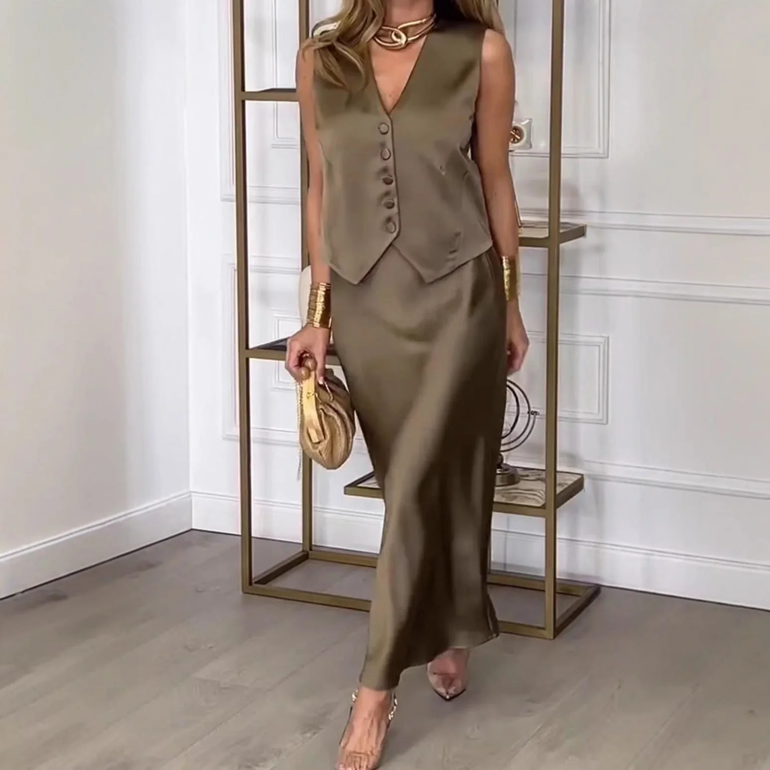 Ladies Set With Sleeveless Gilet and Midi Skirt – Satin Look – Slim Fit – Elegant Festive - Image 3