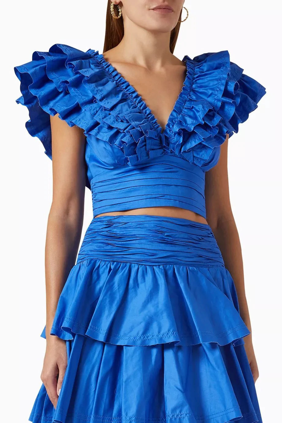 Ladies Set With Skirt – V-neck Crop Top – Ruffles – Layered Maxi Skirt – Luxury Fabrics - Image 2
