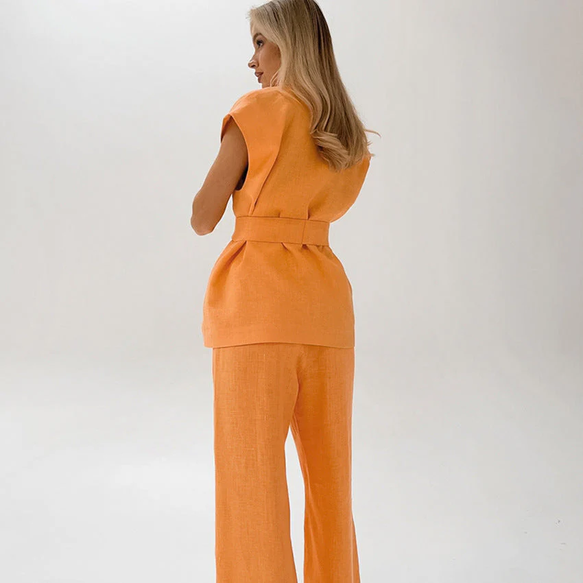 Ladies Set – Sleeveless Top and Wide Pants – Breathable Fabric – Relaxed Fit – Waist Belt - Image 3
